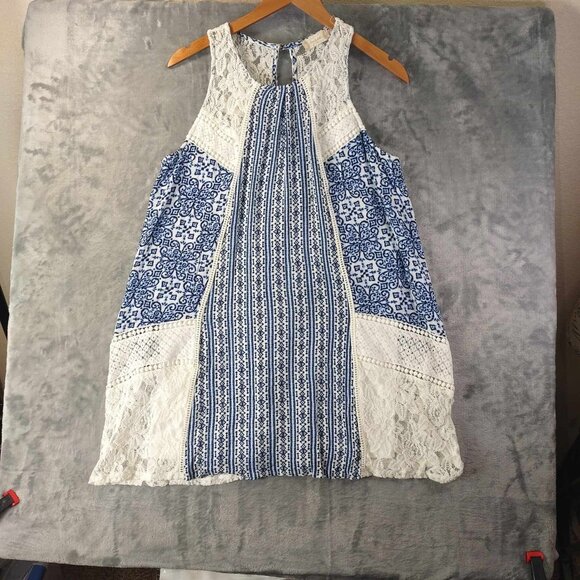 Altar'd State Women's M Blue & White Boho Patchwork Lace Plaid Cottagecore Dress - Picture 1 of 8